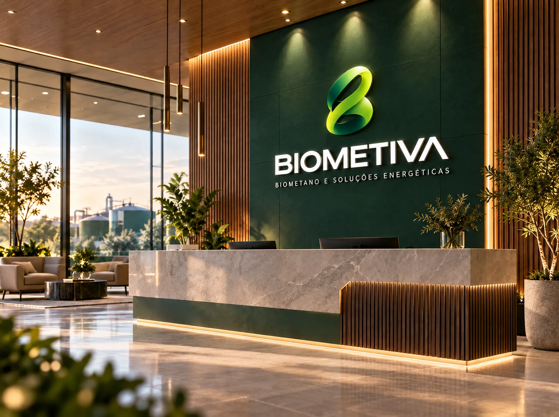 Recepção corporativa com o logotipo da BIOMETIVA